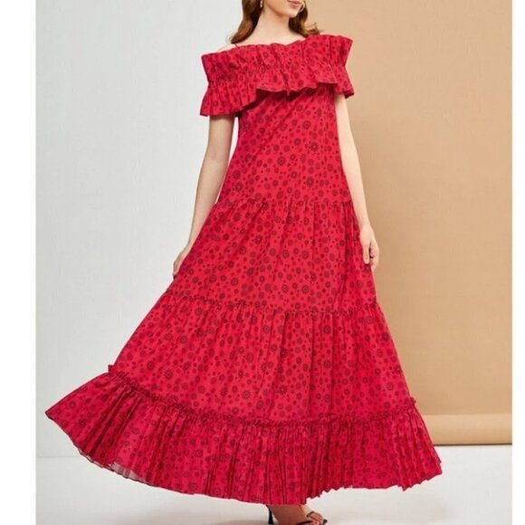 Floral Print Cold Shoulder Ruffle Trim Smock Maxi Dress red - Picture 5 of 8